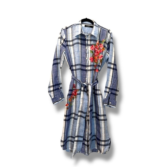 Lauren Ralph Lauren 100% Linen Plaid Floral Shirtdress Size 10 - Picture 3 of 8